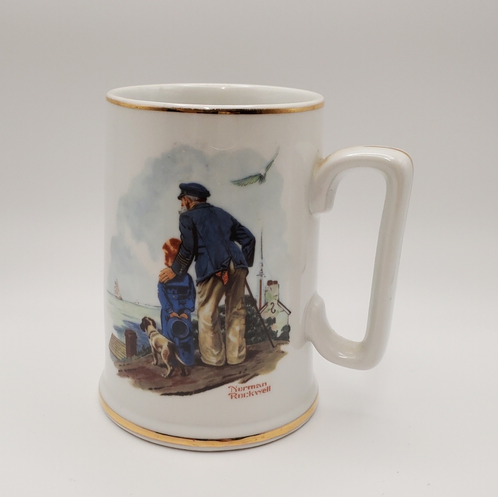 Vintage 1985 Norman Rockwell Looking Out To Sea Coffee Mug Grandpa And Child
